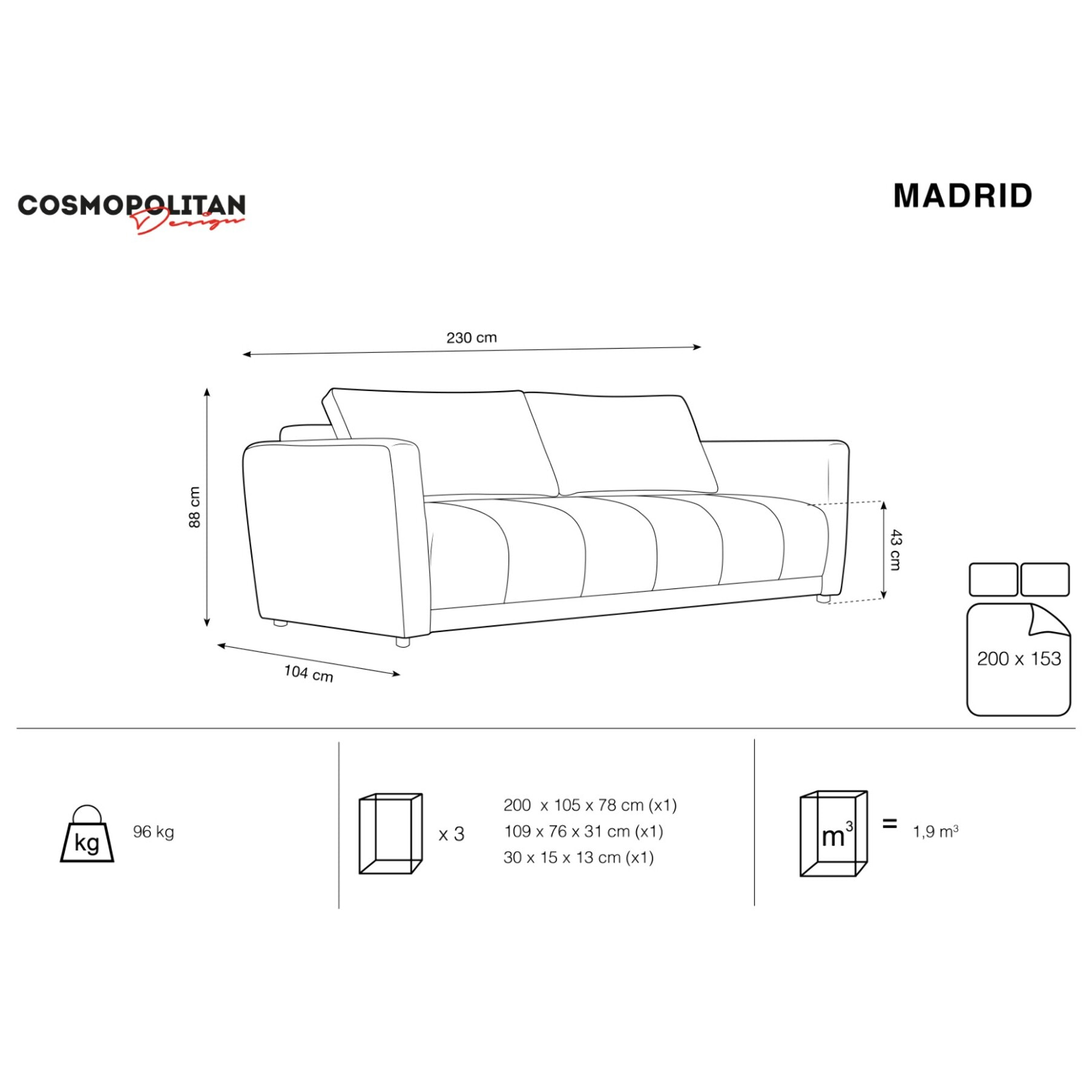 Canapé convertible avec coffre de rangement "Madrid" 3 places en tissu structurel or