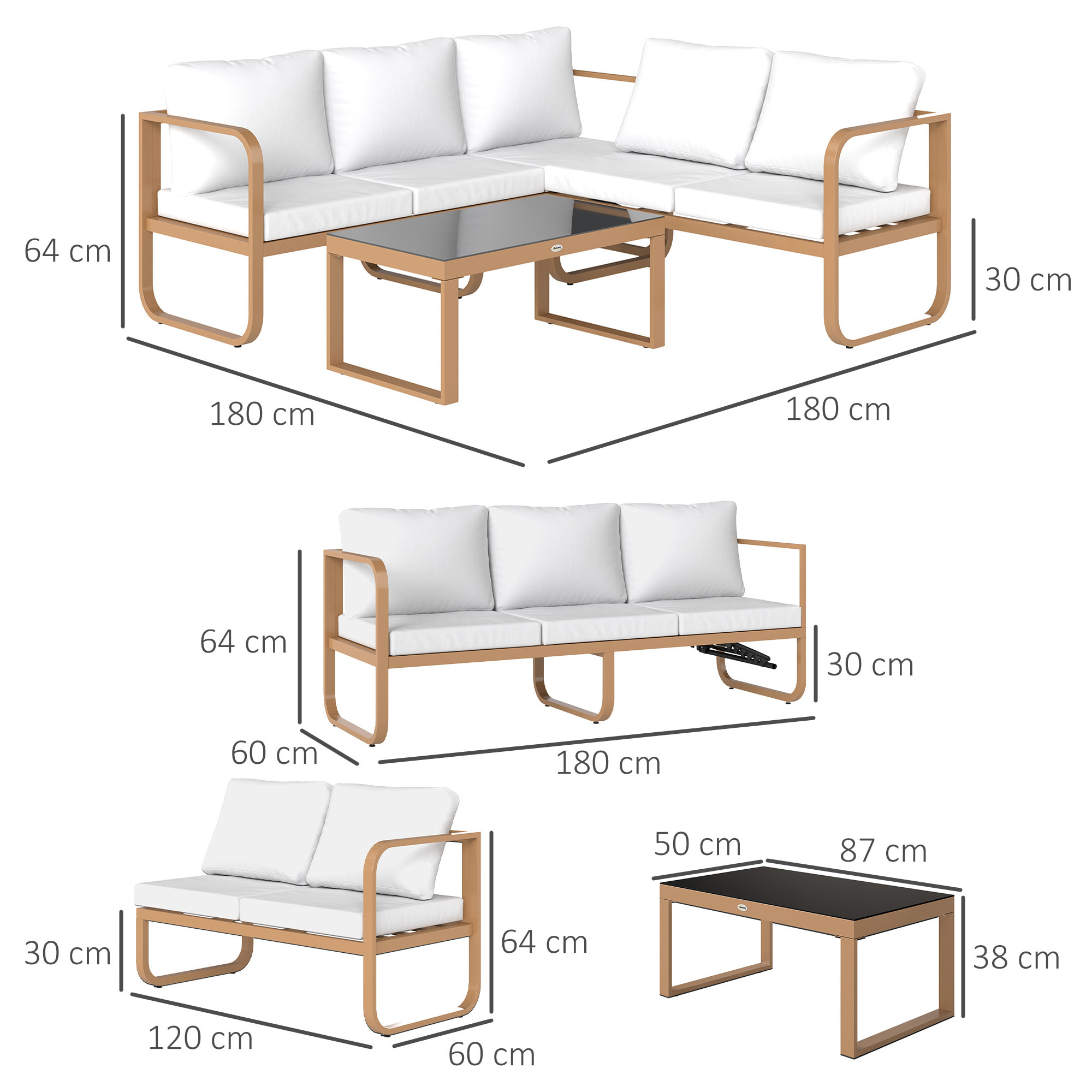 Conjunto de Jardín Exterior de 3 Piezas Muebles Jardín Exterior con Sofá de 3 Plazas con Asiento Ajustable Sofá de 2 Plazas y Mesa de Centro de Vidrio con Cojines Crema