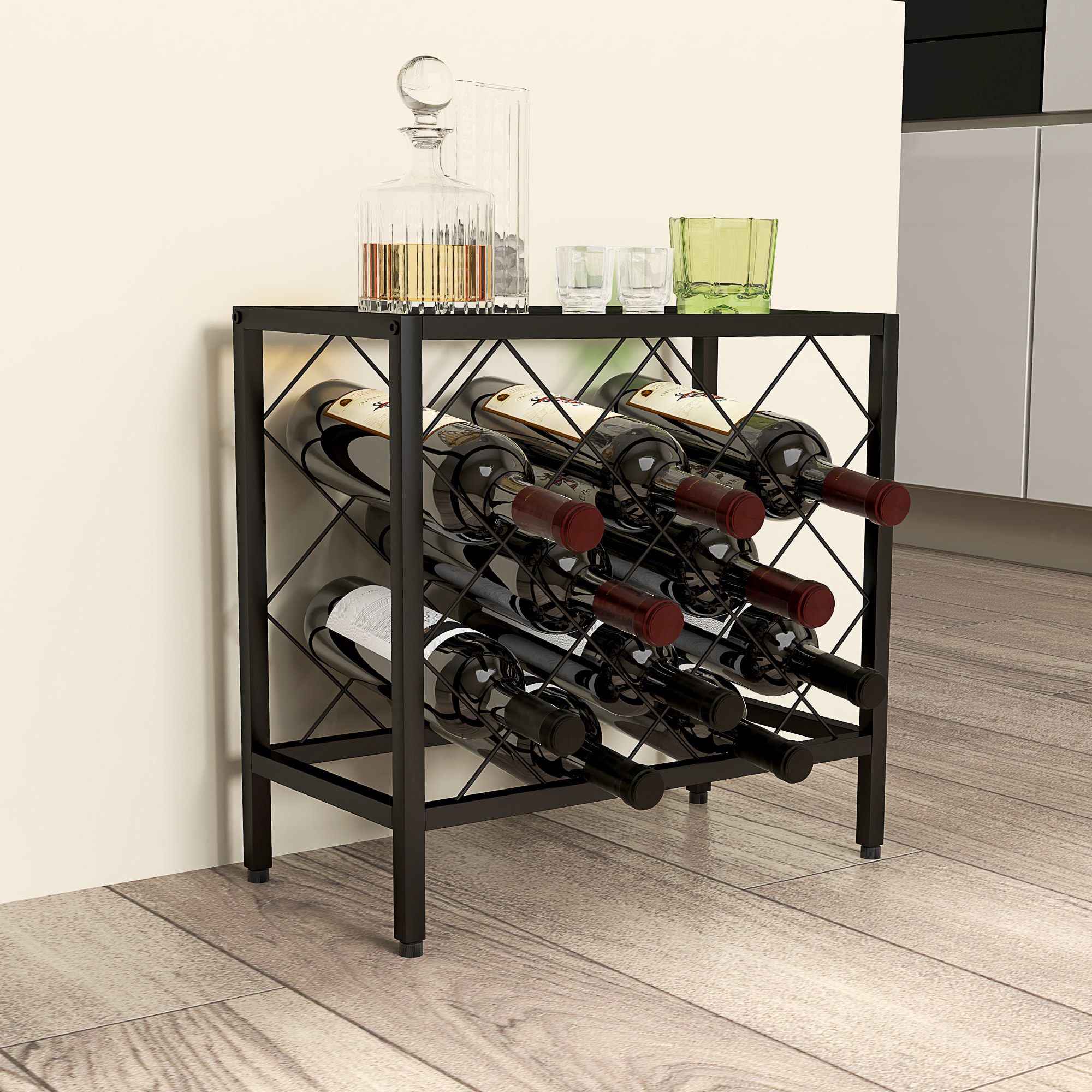 Botellero Vino para 10 Botellas Botellero con Encimera de Vidrio Templado y Marco de Acero para Salón Comedor 41x22x41 cm Negro