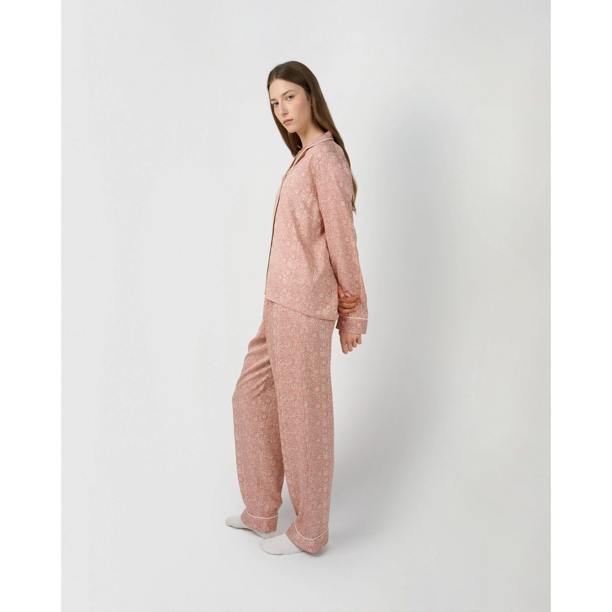 Pigiama lungo a camicia in viscosa eclat rosa
