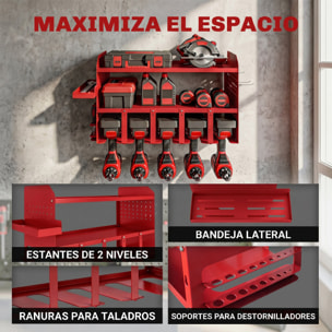 Organizador de Herramientas Eléctricas de Jardín, Estante de Almacenamiento de Pared de 2 Niveles para 5 Taladros, Soporte de Metal con Bandeja Lateral y 4 Ganchos, para Garaje,Taller, Rojo