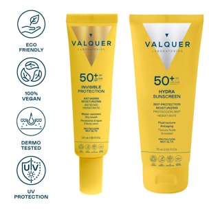 Valquer Pack Solar Facial Invisible Protection e Hydra Sunscreen SPF 50+.