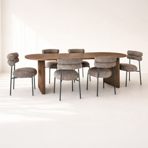 Ensemble table ovale effet noyer et 6 chaises en tweed marron