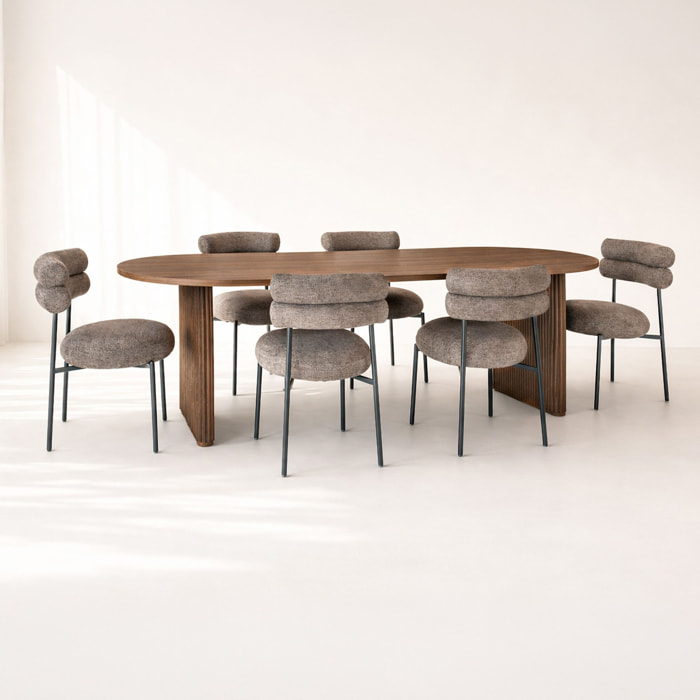 Ensemble table ovale effet noyer et 6 chaises en tweed marron