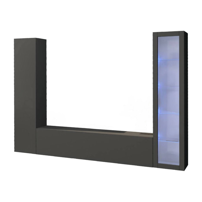 Parete attrezzata Girolamo, Set salotto porta TV a 3 ante, Mobile soggiorno multiuso con vetrina e luce LED, 100% Made in Italy, cm 260x30h180, Antracite