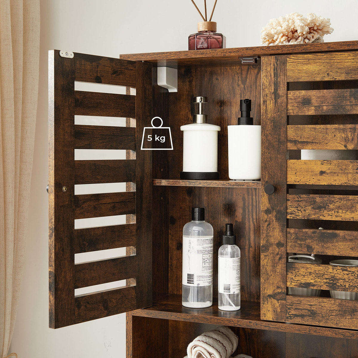 Mobiletto pensile da bagno in legno rustico con ripiano aperto