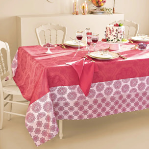 Nappe pur coton enduit motif jacquard rose Mille rosaces framboise