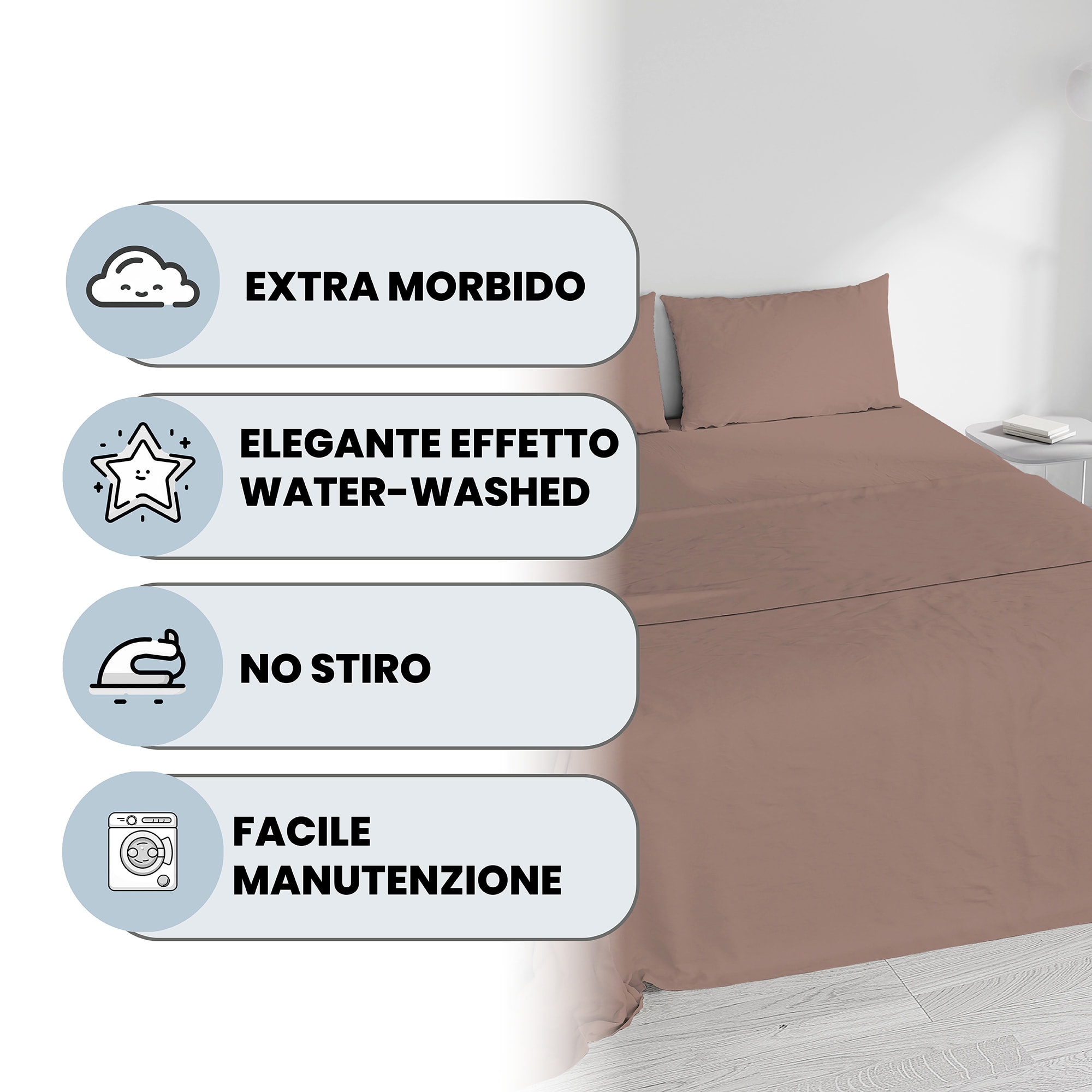 COMPLETO LETTO WATER WASHED, 100% Microfibra, No Stiro - ROSA ANTICO