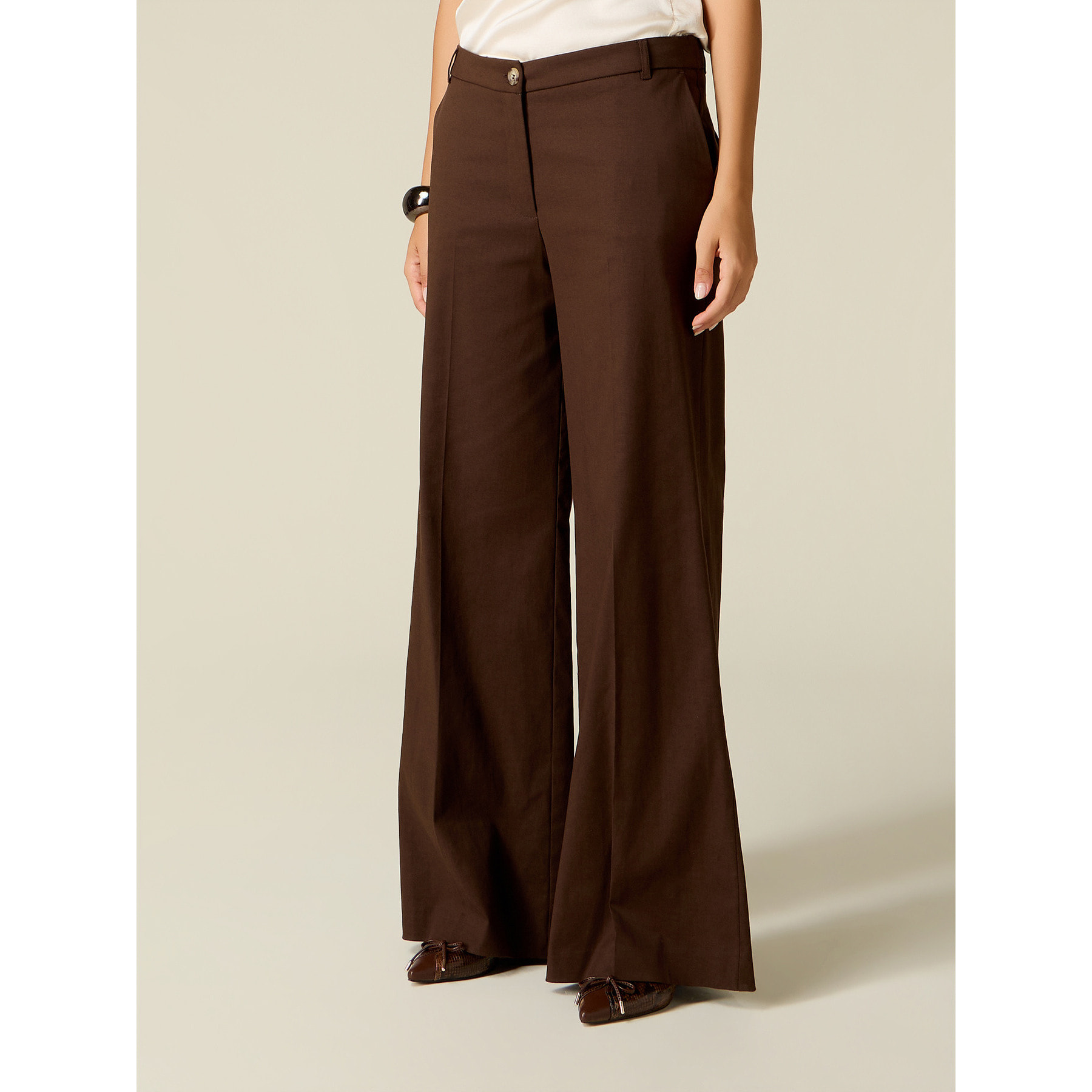 Oltre - Pantaloni palazzo in twill misto cotone - Marrone