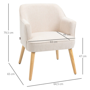 Sillón Nórdico Moderno Butaca de Salón Tapizada en Lino con Patas de Madera para Dormitorio Oficina Estudio Carga 120 kg 64,5x65x79,5 cm Crema