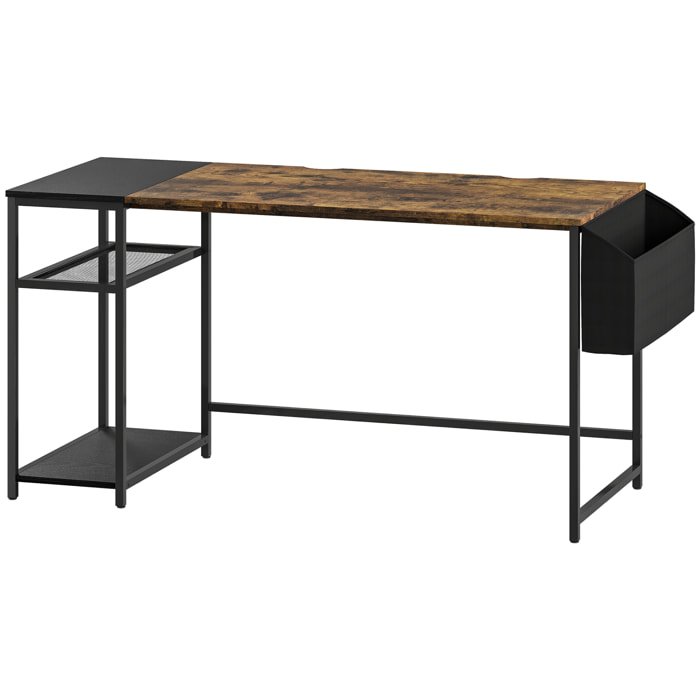 Bureau informatique style industriel dim. 150 x 60 cm - 3 étagères, panier - métal noir effet bois vieilli