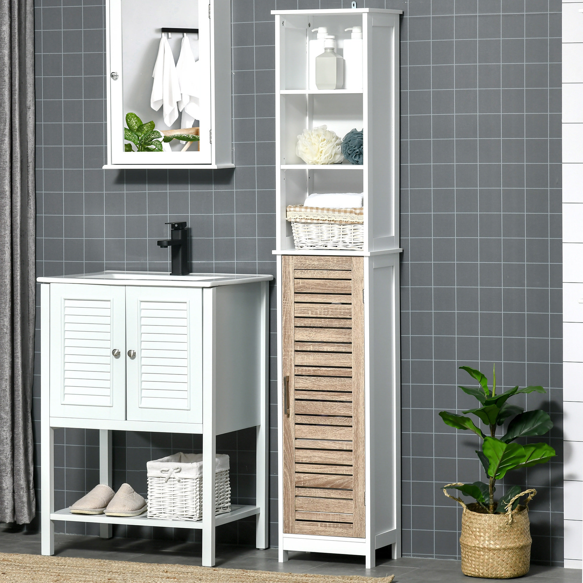 Meuble colonne rangement salle de bain style cosy dim. 34L x 26l x 172H cm 3 niches porte aspect bois lattes 3 étagères