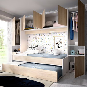 Letto per bambini Venturosa, Cameretta completa con armadio a ponte e cassettone, Composizione con letto e lettino singolo estraibile, 303x97h203 cm, Rovere e Bianco