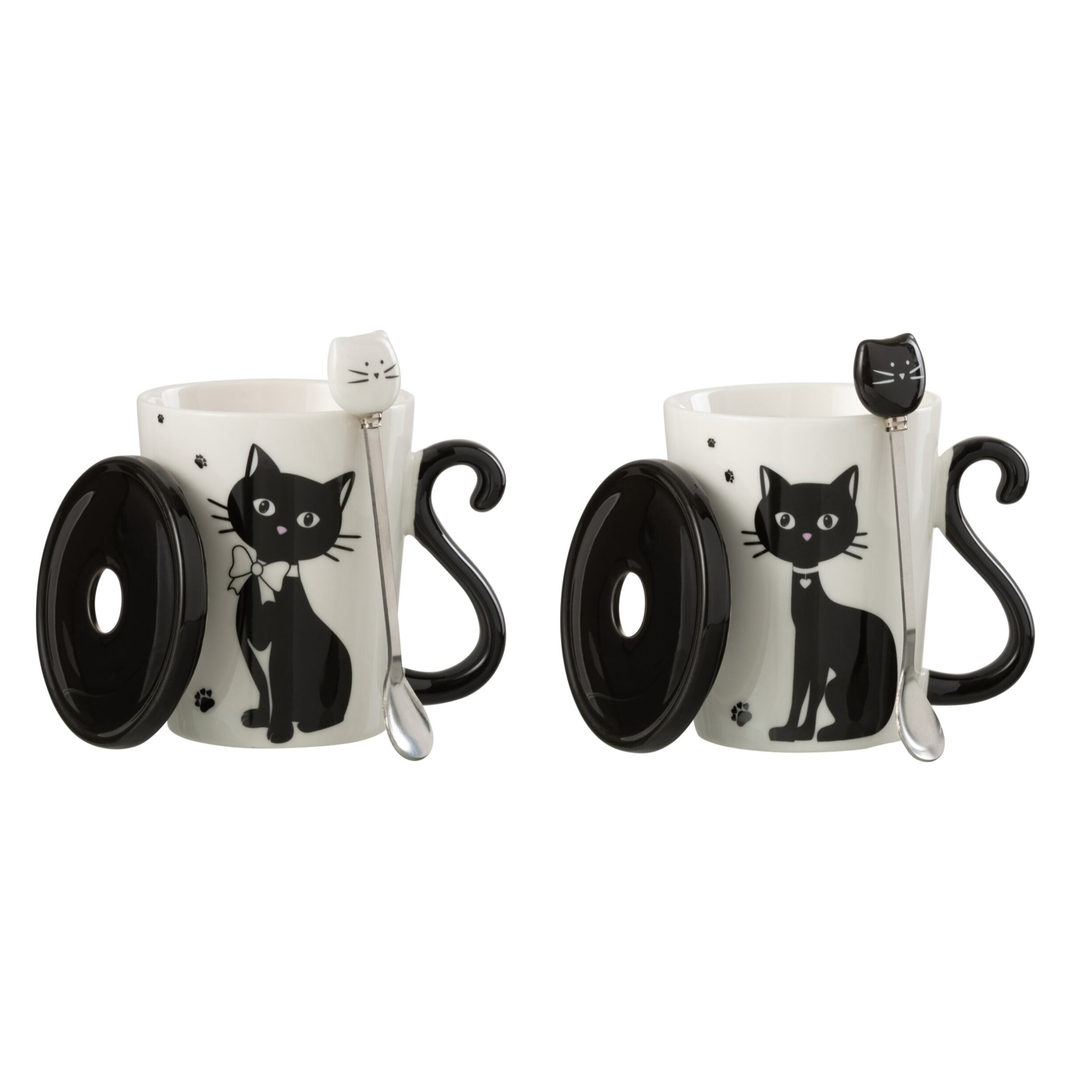 J-Line tasse Imprime Chat + Couvercle + Cuillère - porcelaine - blanc/noir - 2 pcs
