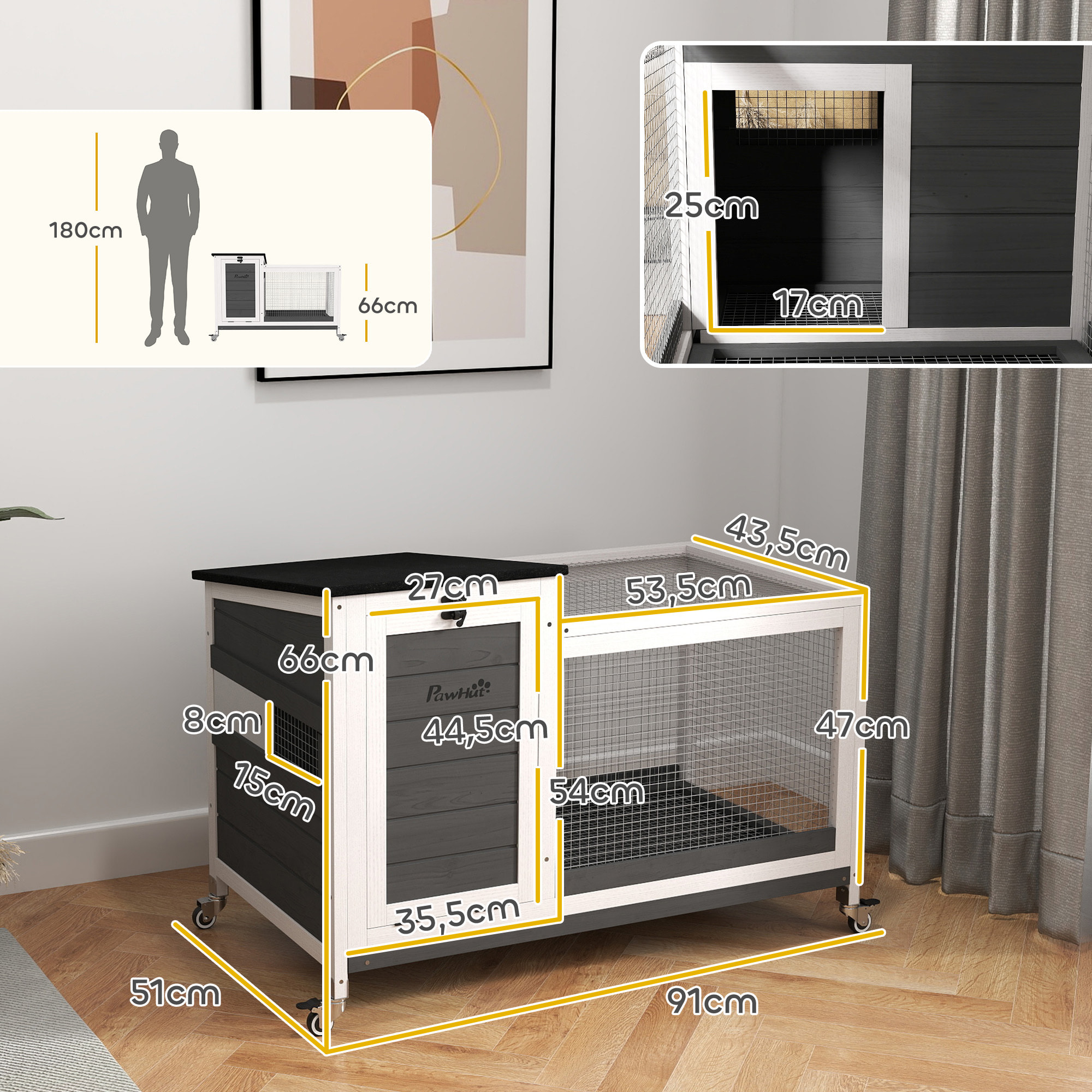 Conejera de Madera con Ruedas Jaula para Conejos con Techo Asfáltico Abatible Ventana Móvil y Bandeja Extraíble Conejera para Interior y Exterior 91x51x66 cm Blanco y Gris Oscuro