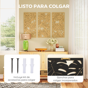 Decoración de Pared de Madera 3D, 3 Piezas, 40x80 cm, Adornos de Pared con Patrón de Hojas Tropicales, Arte Moderno para Salón, Dormitorio, Pasillo, Madera Natural