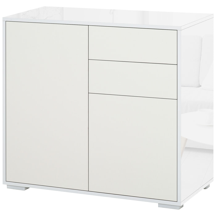 Aparador para Cocina con 2 Puertas 2 Cajones Marco de Blanco Brillante Estante Ajustable Apertura a Presión Armario de Almacenamiento para Dormitorio Salón 79x36x74 cm Blanco