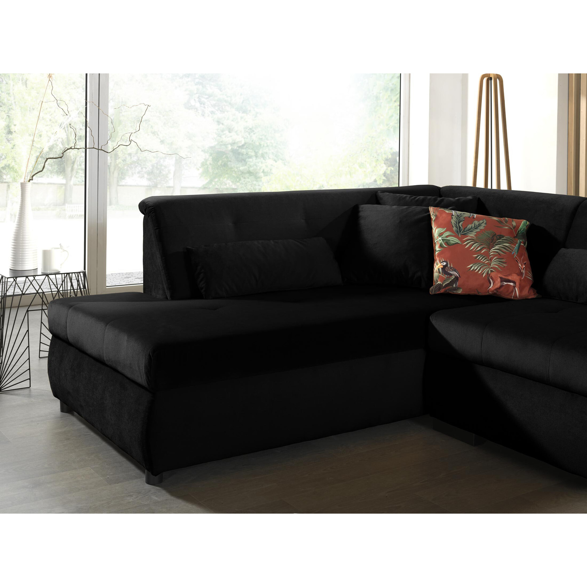 Vermont - canapé panoramique d'angle gauche - 7 places - XXL - en velours - Noir