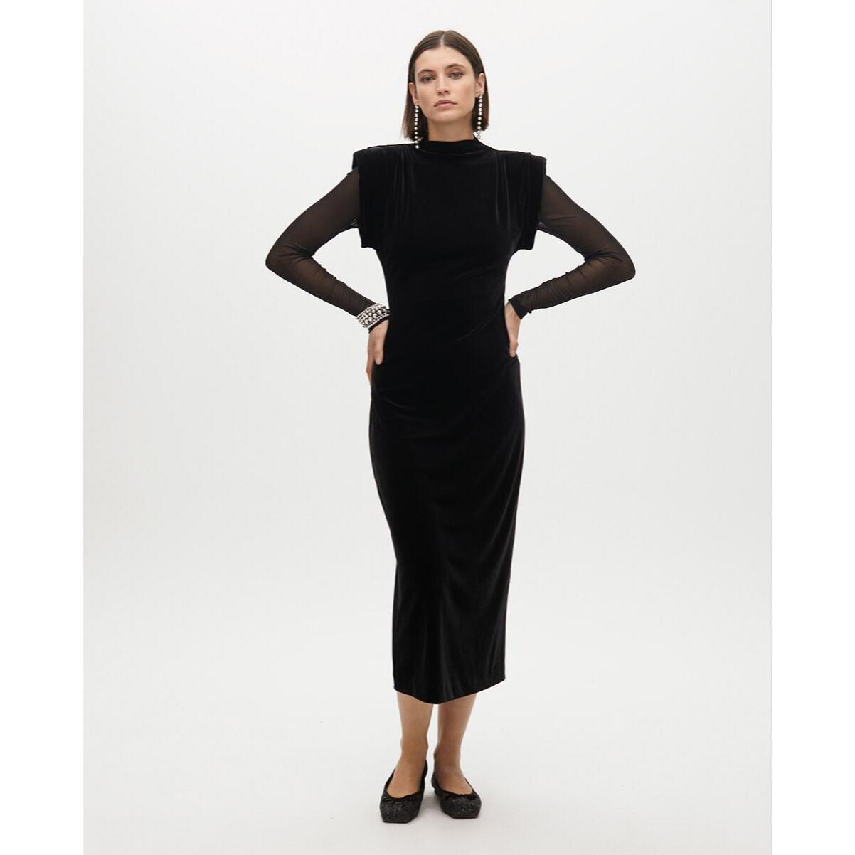 Vestito Lungo di Velluto con Maniche Trasparenti