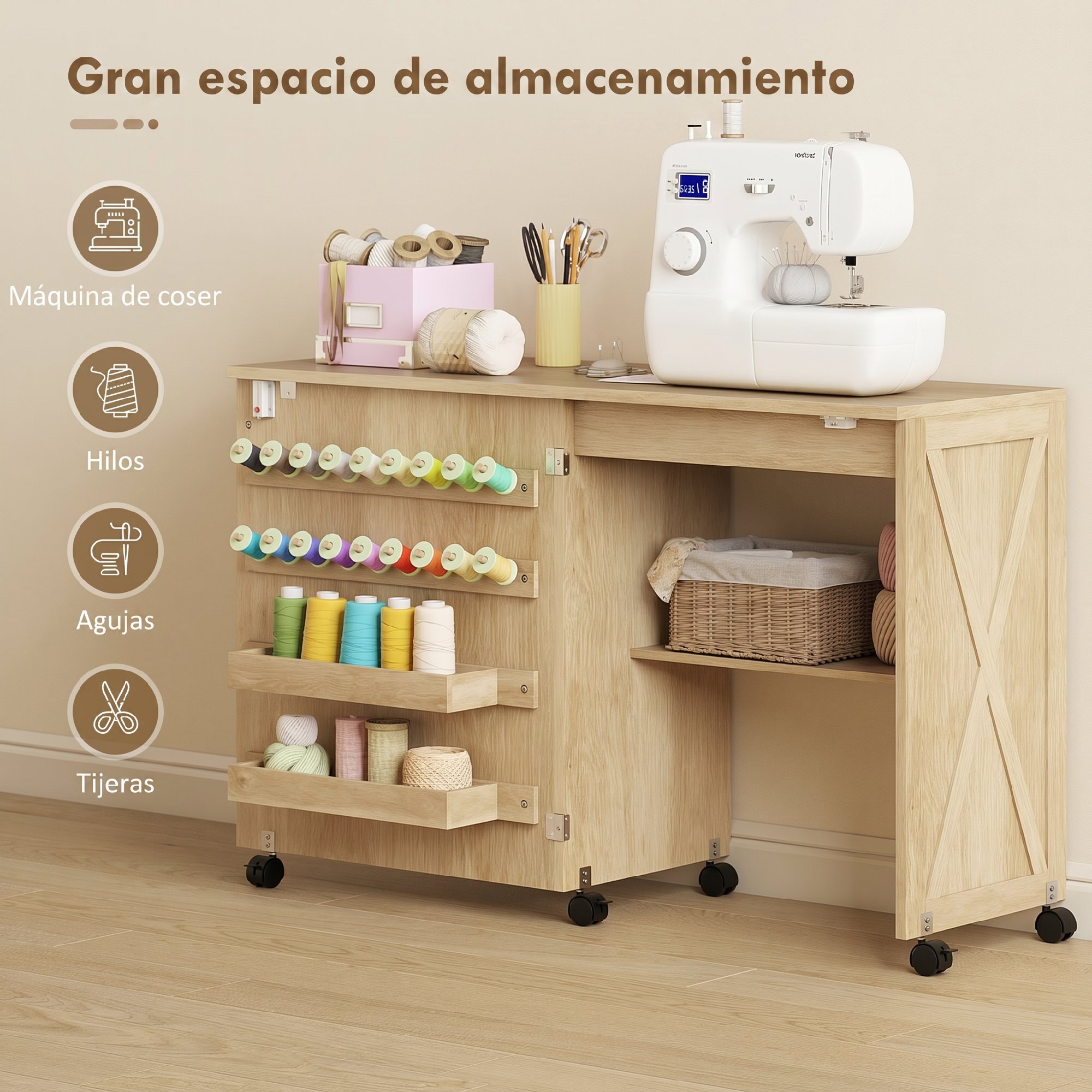 Mesa de Costura Plegable, Mesa Máquina de Coser con Puerta Magnética, 2 Compartimentos, Estante, 18 Soportes para Hilos, 5 Ruedas, Ahorro de Espacio, Natural