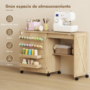 Mesa de Costura Plegable, Mesa Máquina de Coser con Puerta Magnética, 2 Compartimentos, Estante, 18 Soportes para Hilos, 5 Ruedas, Ahorro de Espacio, Natural