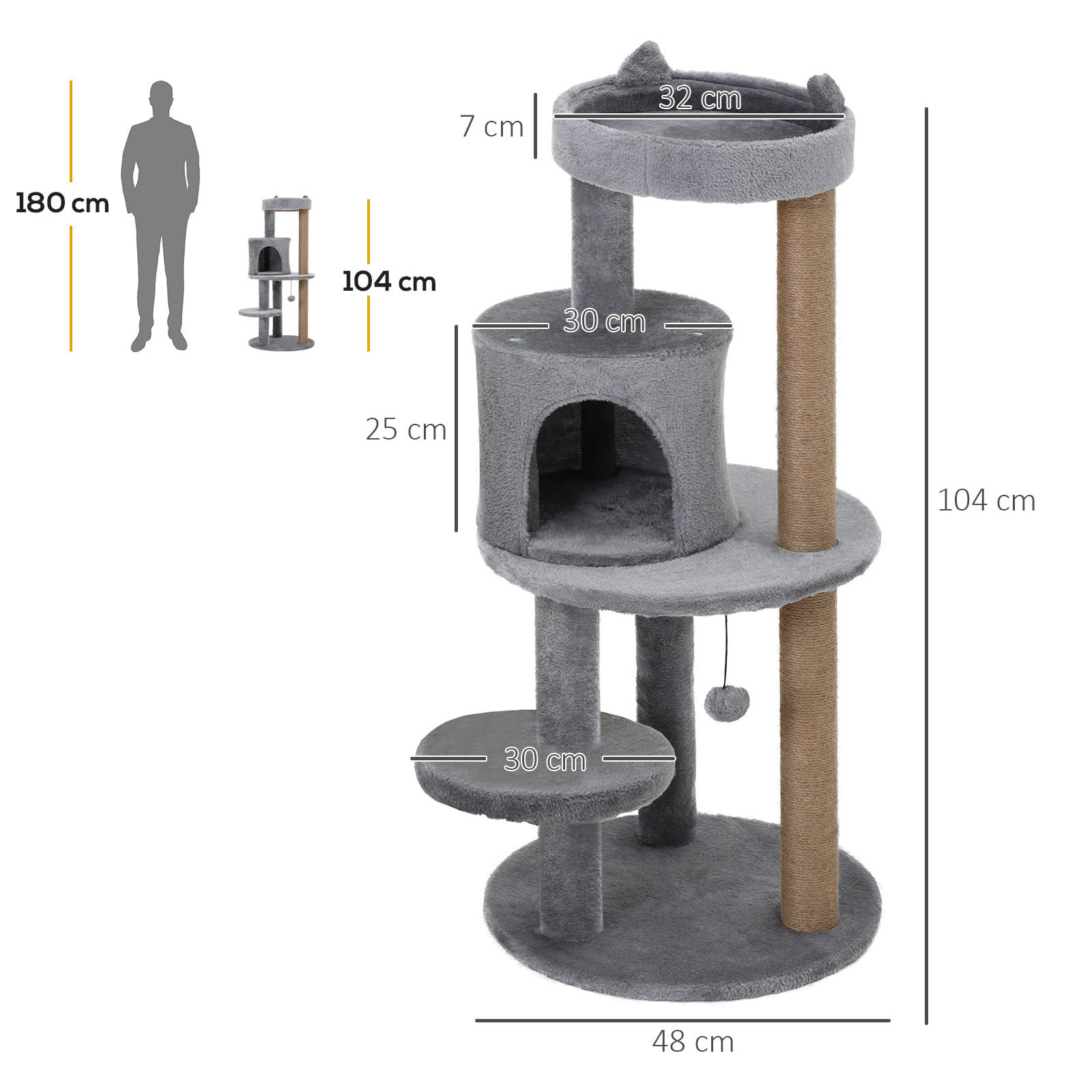 Árbol Rascador para Gatos de 104 cm Rascador para Gatos con Plataformas Refugio Postes de Sisal y Bola Colgante 48x48x104 cm Gris