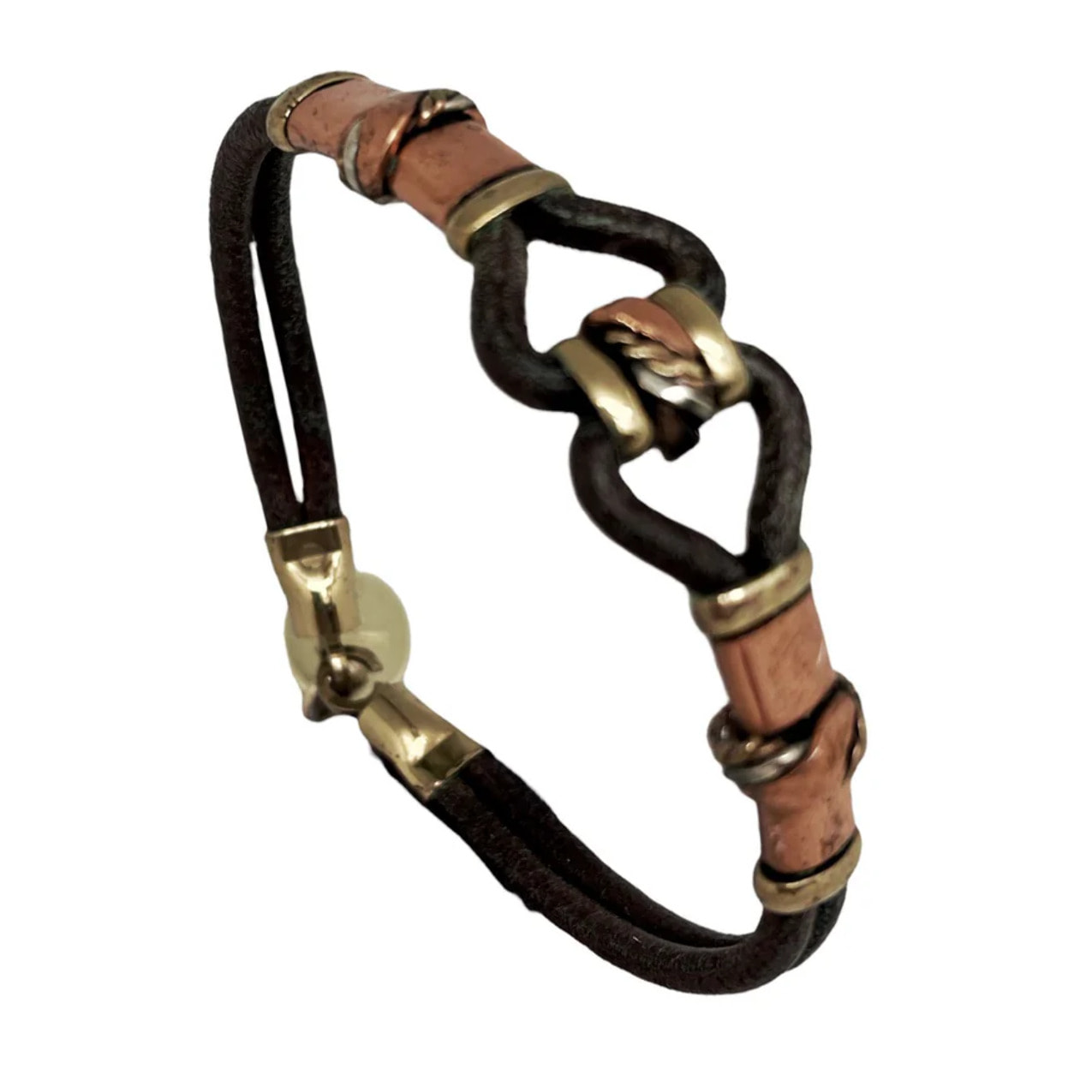 Pulsera cuero latón y cobre enlazado artesanal áºnicas