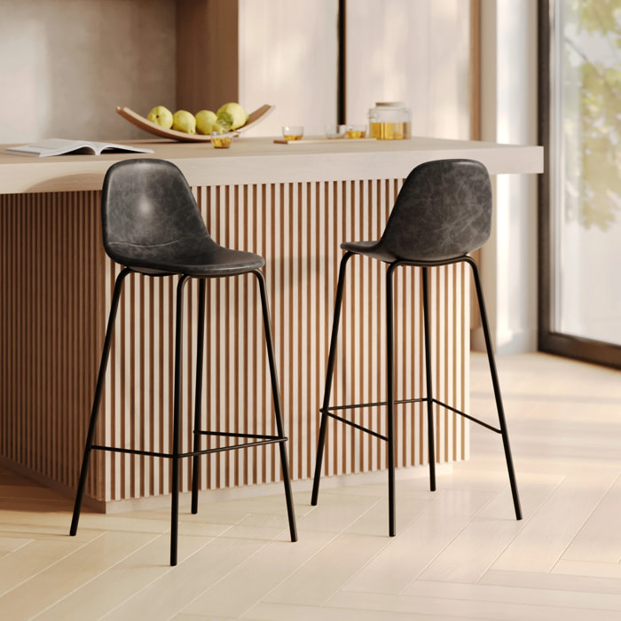 Lot de 2 chaises de bar 75 cm en cuir synthétique gris/noir - Henrik