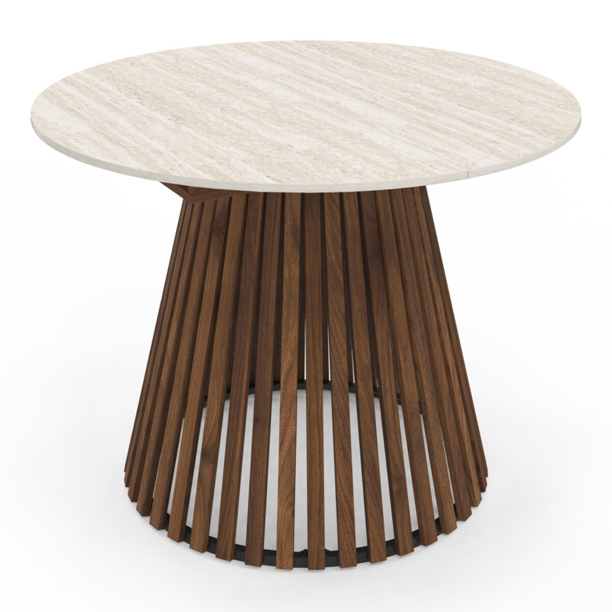 Table à manger ronde extensible Camélia effet travertin et pied lattes Ø110-150cm