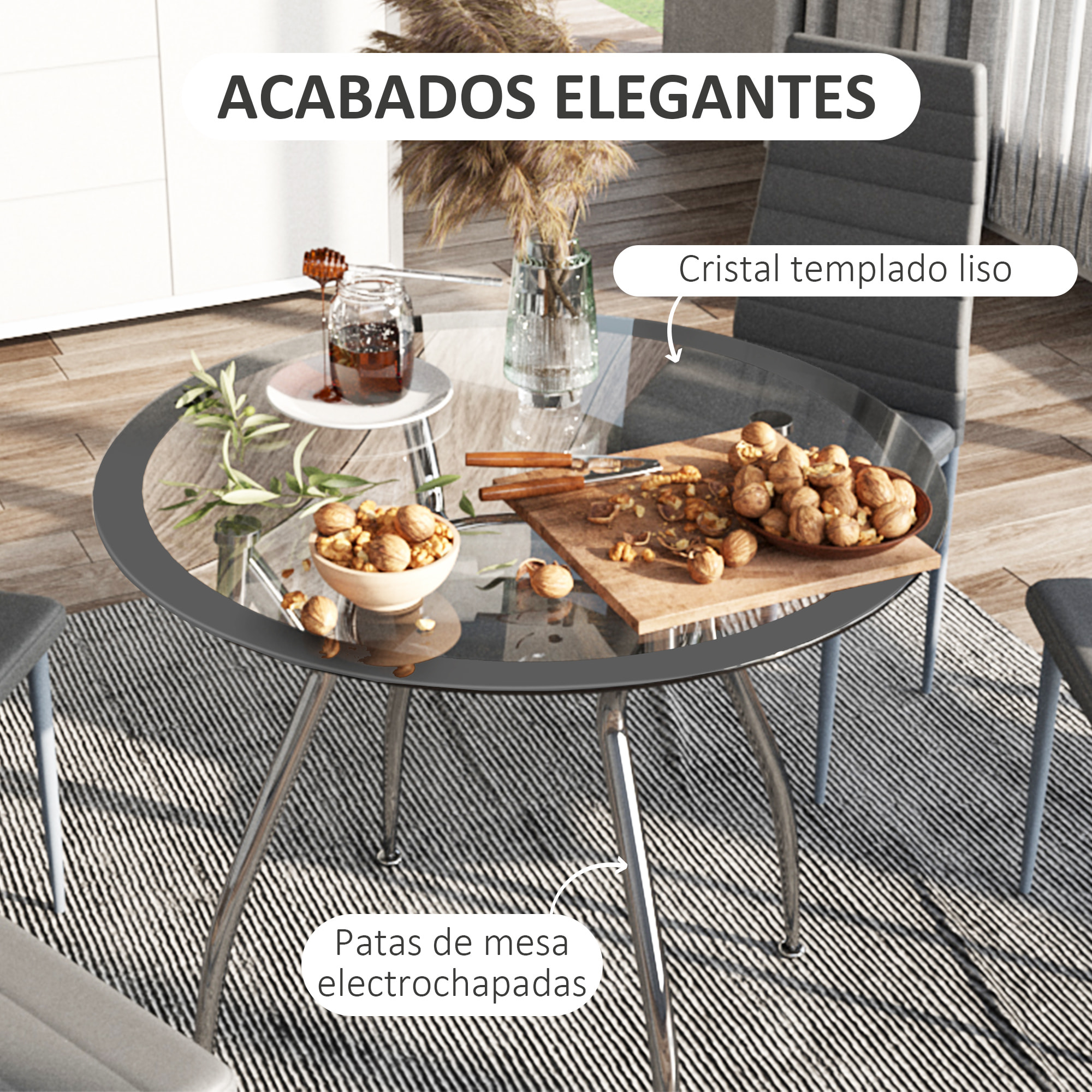 Juego de Mesa de Comedor y 4 Sillas Conjunto de Muebles de 5 Piezas Mesa Redonda de Vidrio Templado Ø90x75 cm y 4 Sillas con Patas de Acero Carga 120 kg 42x52x96 cm Gris