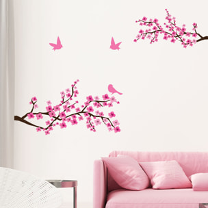 Stickers muraux | Sticker Mural Autocollant - 2 BRANCHES DE CERISIER JAPONAIS ET 3 OISEAUX - adhésifs fond transparent