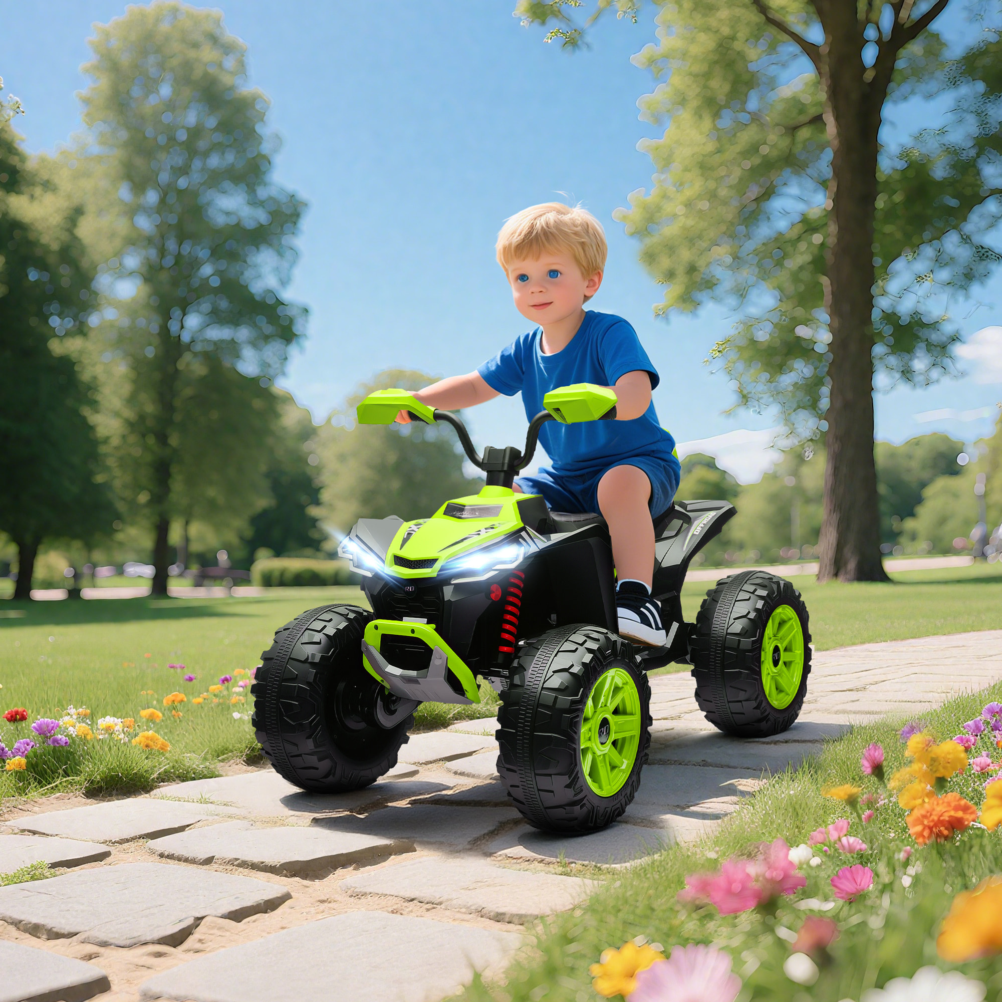 Quad Eléctrico para Niños 24V, Quad para Niños de 3-8 Años de 2 Plazas, con 2 Motores, Velocidad hasta 6,5 km/h, Ruedas con Suspensión, Faros, Bocina, Música, USB, Verde