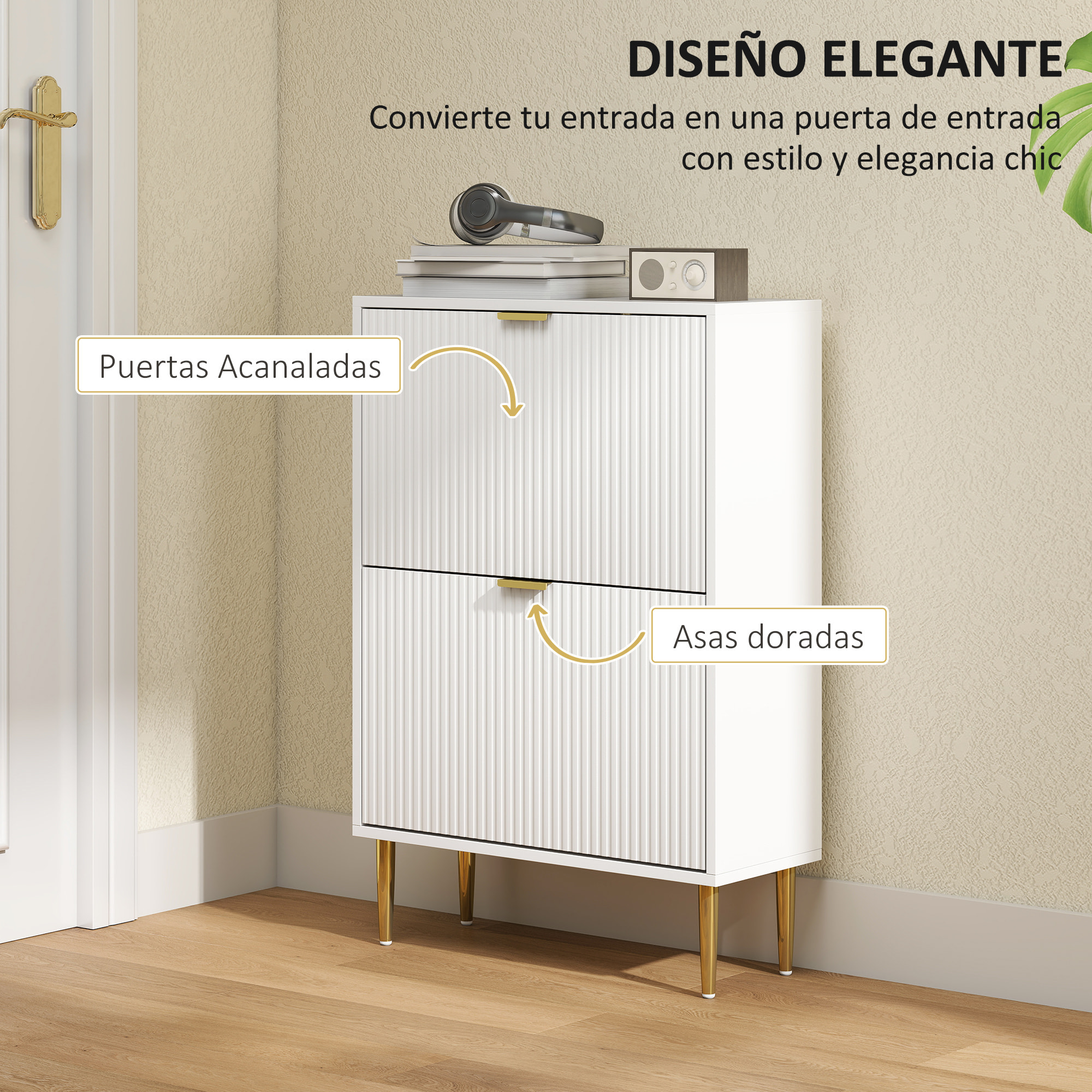 Zapatero Estrecho con 2 Puertas Acanaladas Zapatero Entrada Recibidor con Estantes Ajustables para 12 Pares de Zapatos 60x24x91,5 cm Blanco