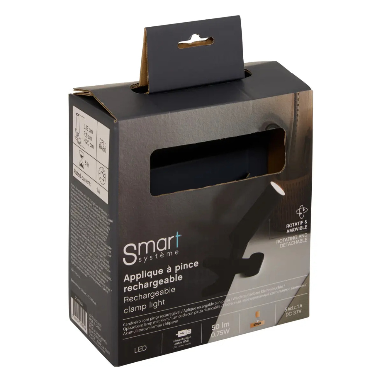 Lampe LED clipsable USB Noir 12x8x20 cm