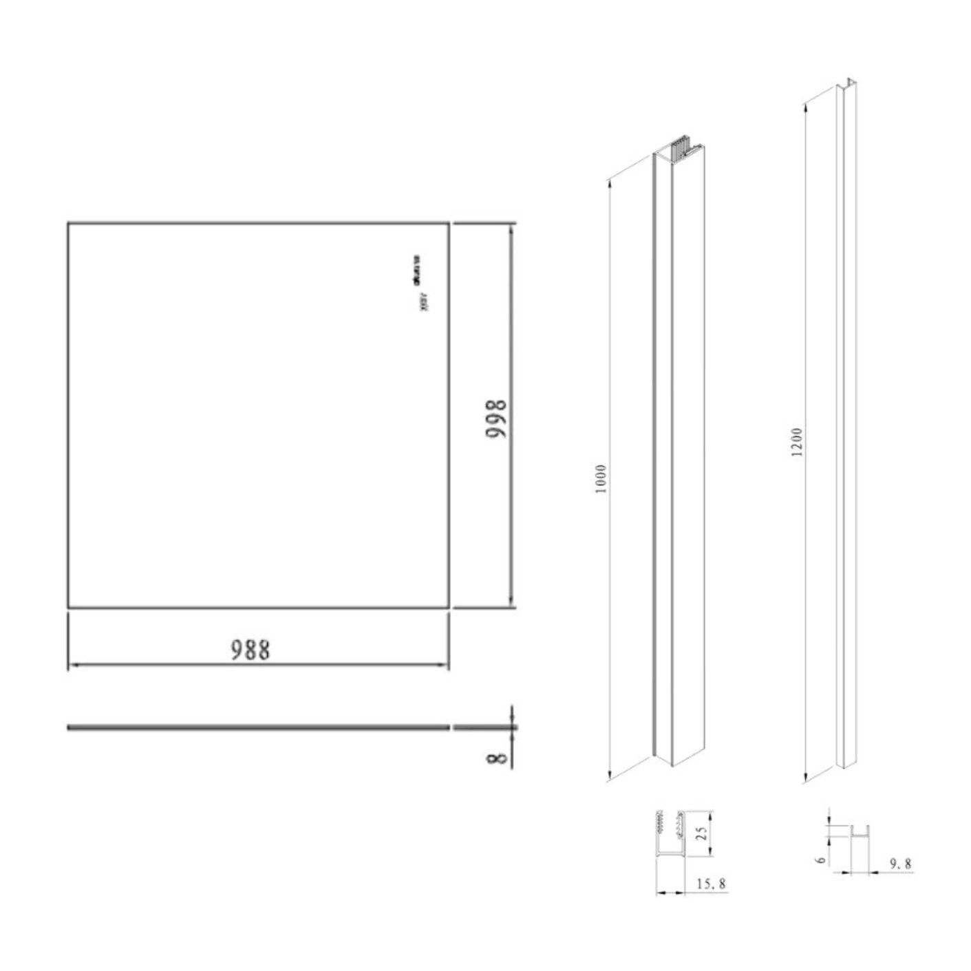 Pare-muret 100x100cm Paroi en verre Crystal Glass® 8 mm anticalcaire, avec bras et profilés noir mat (SATBWIS100PRC)
