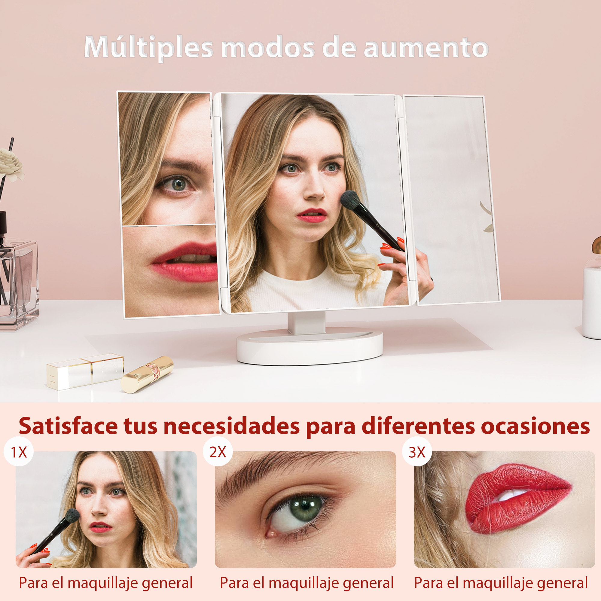 Espejo Maquillaje con Luz, Espejo Tocador Triple, con Aumento 1X/2X/3X, Rotación Libre de 180°, 21 Luces LED, Interruptor Táctil, Fuente de Alimentación Dual, Blanco