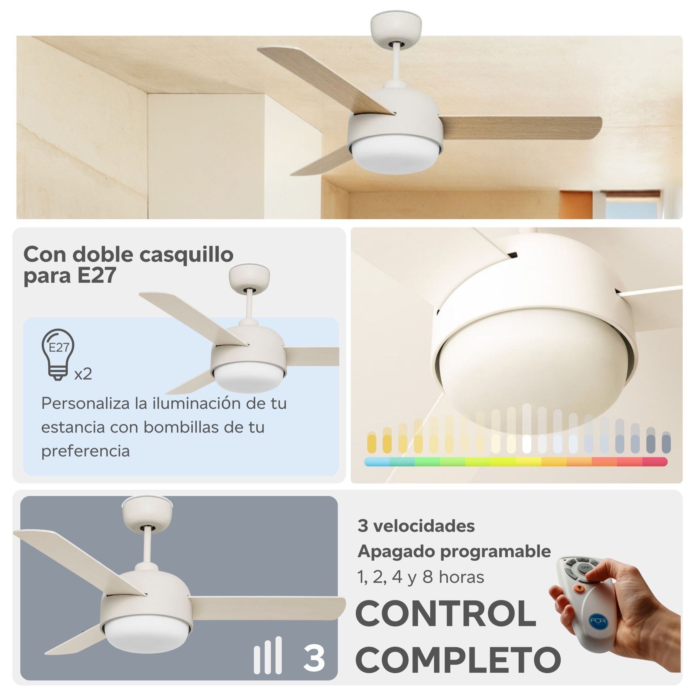 Forlight Ventilador IP20 Klar E27 40W Blanco antiguo Madera