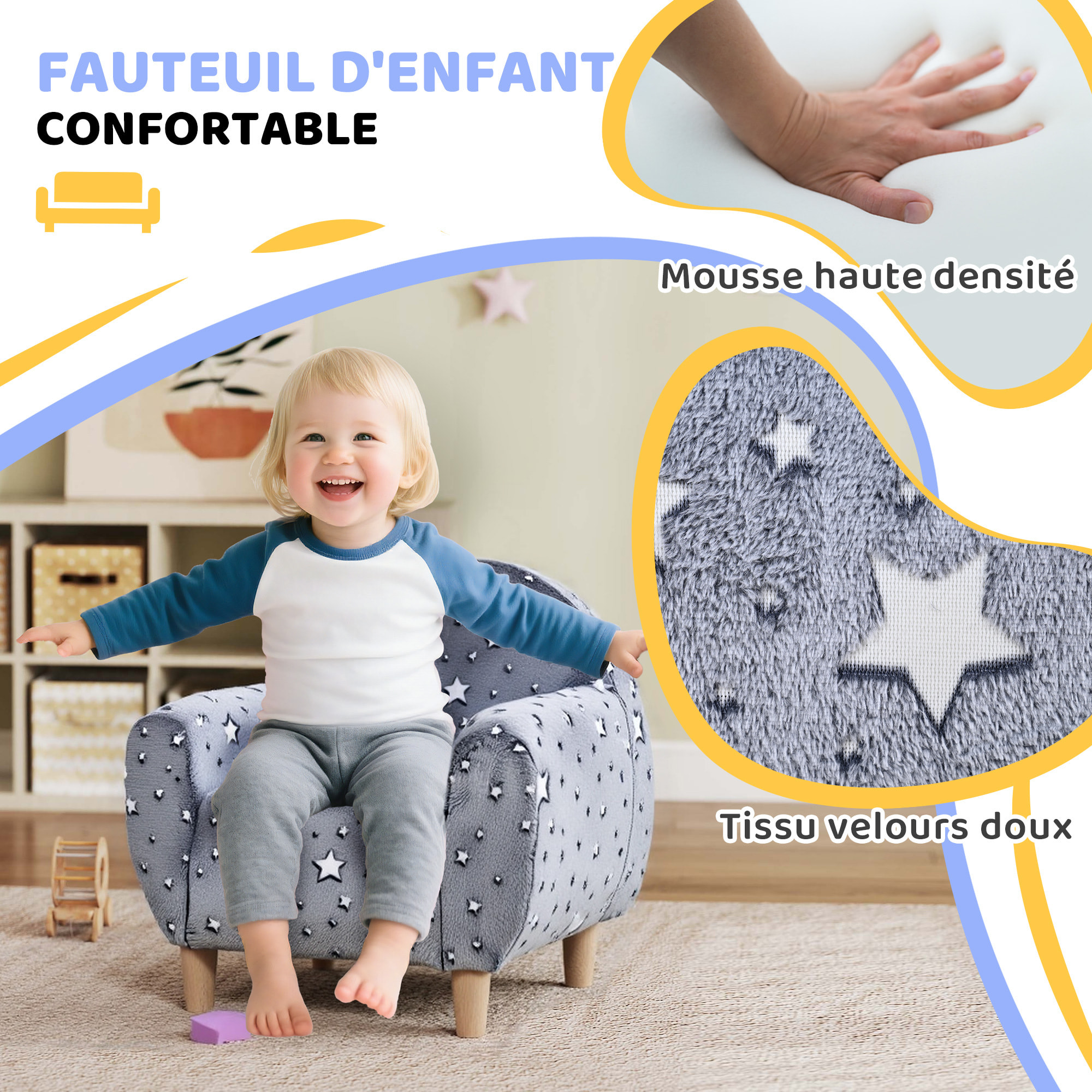 Fauteuil enfants canapé pour enfants phosphorescent avec motif étoilé, gris