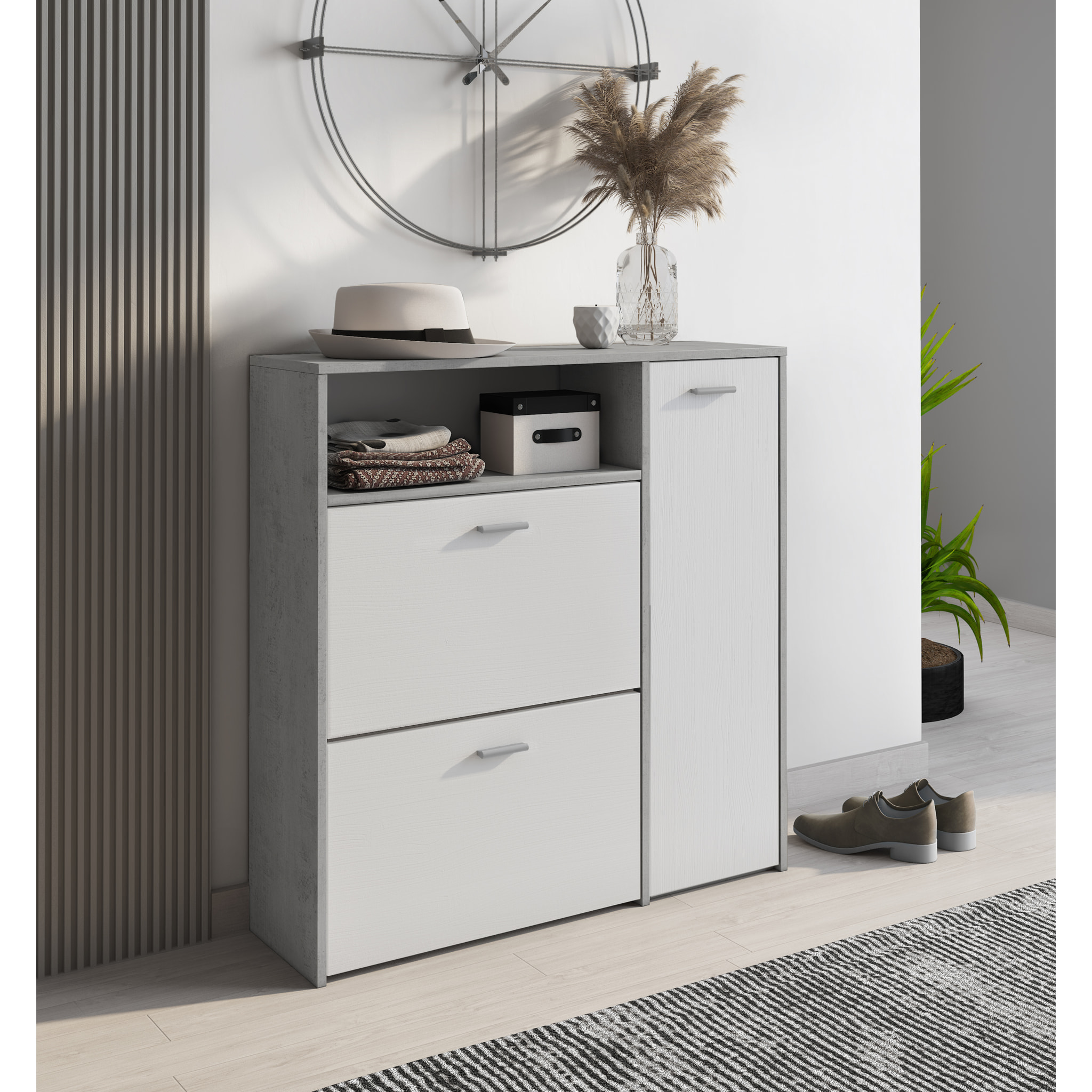 Scarpiera Mobile Portascarpe Salvaspazio Ingresso Con 2 Ribalte Doppia Profondità 4 Vani A Giorno Design Moderno Per Corridoio Sala 91.5 x 94 x 26.6 Cm Bianco e Grigio Cemento