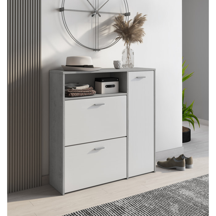 Scarpiera Mobile Portascarpe Salvaspazio Ingresso Con 2 Ribalte Doppia Profondità 4 Vani A Giorno Design Moderno Per Corridoio Sala 91.5 x 94 x 26.6 Cm Bianco e Grigio Cemento