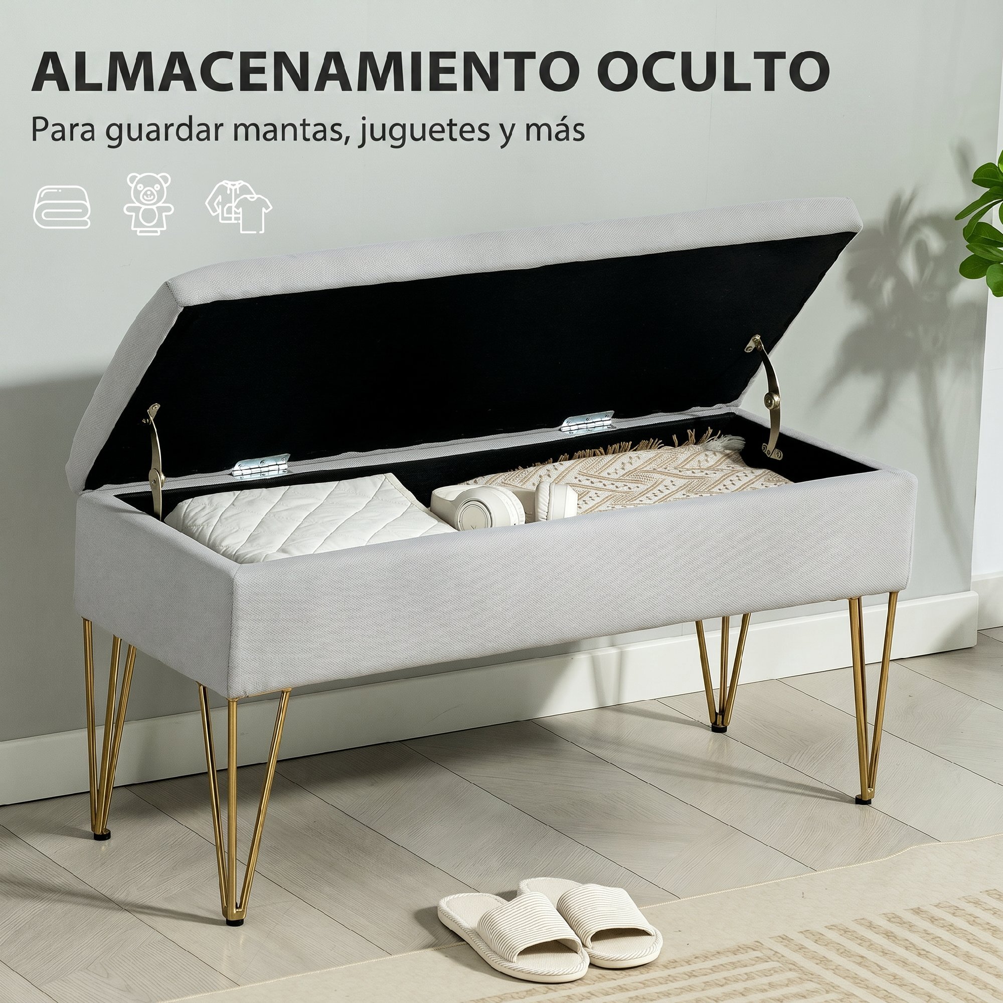 Banco Pie de Cama, Taburete Pie de Cama Tapizado en Lino Sintético con Patas de Acero y Asiento Acolchado, Estilo Moderno, Banco para Dormitorio, Entrada, Pasillo, Gris Claro