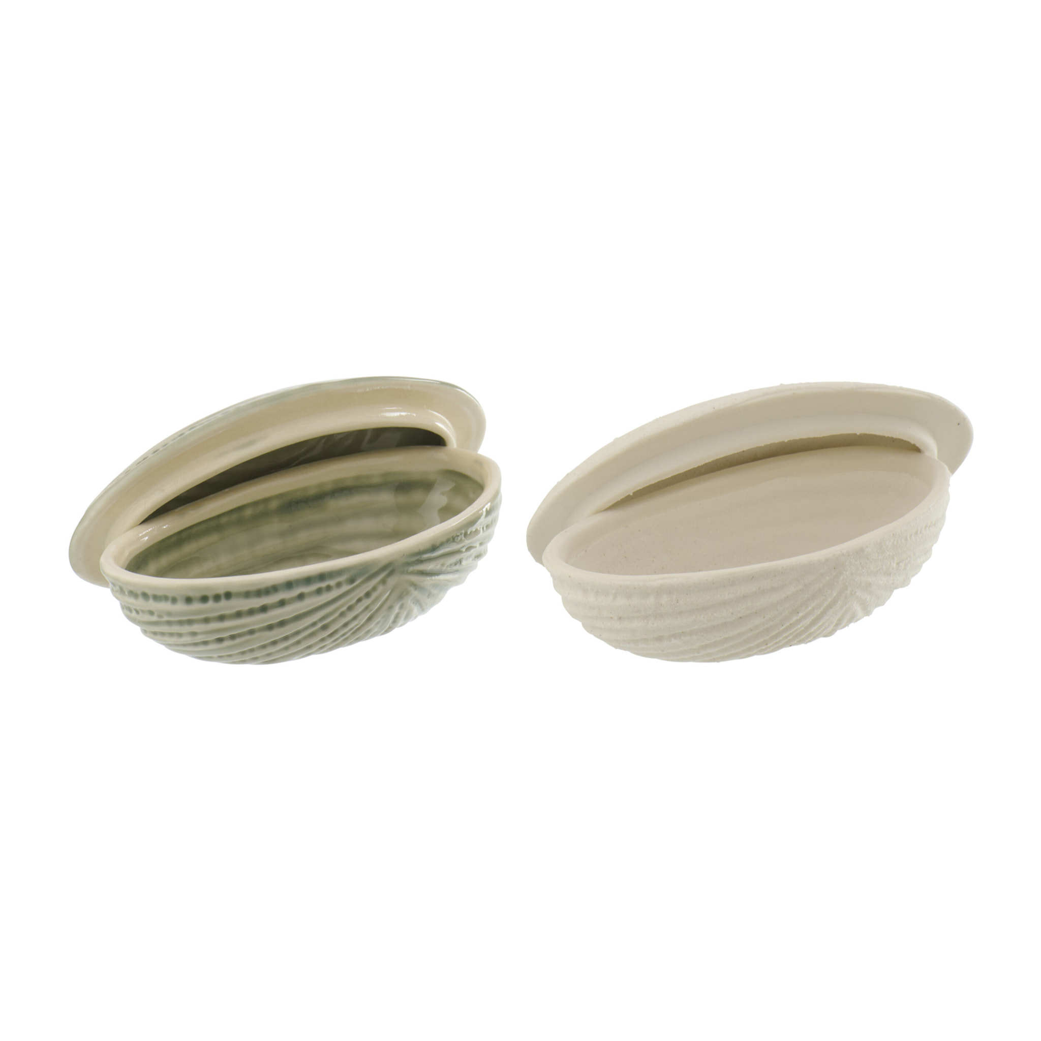 J-Line Boîte Coquillage - grès - blanc/vert olive - 2 pièces