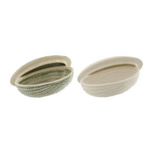 J-Line Boîte Coquillage - grès - blanc/vert olive - 2 pièces