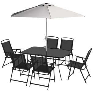 Ensemble salon de jardin 6 places 8 pièces - parasol, table, 6 chaises pliantes - métal époxy textilène polyester noir gris