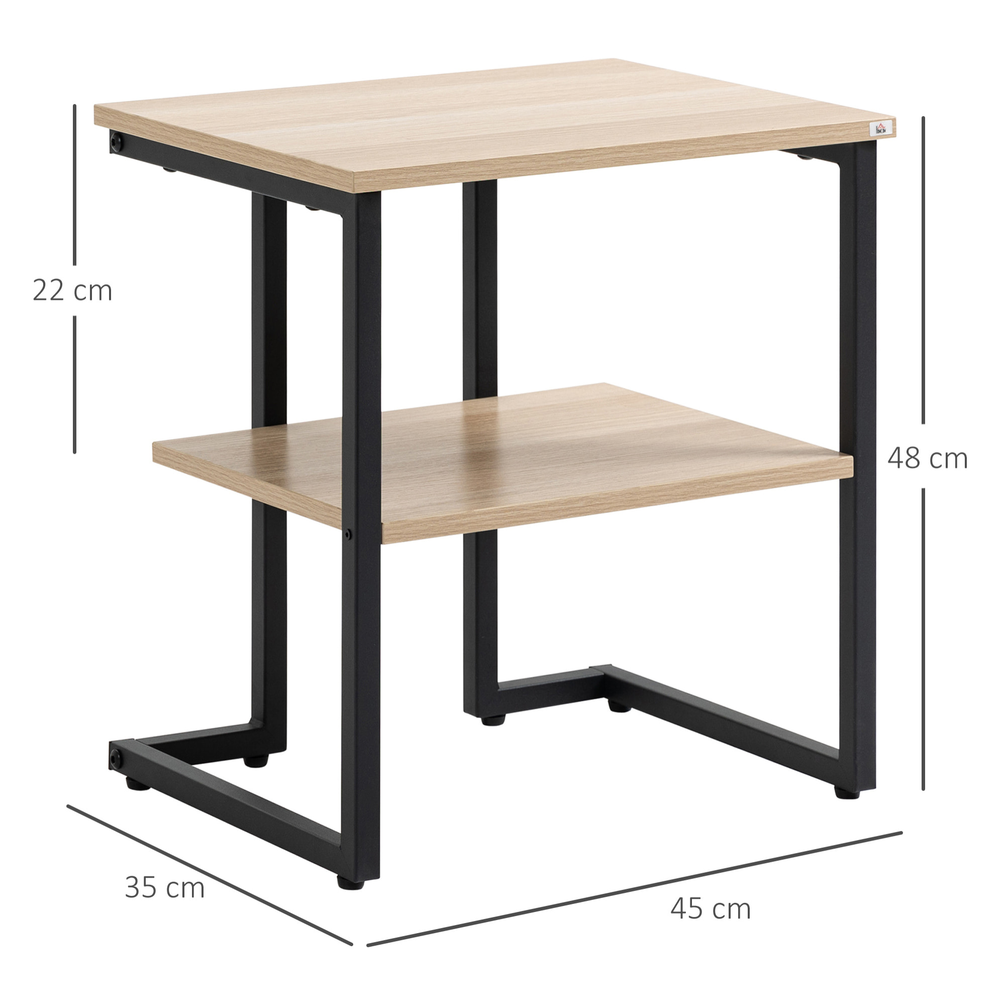 HOMCOM Mesa Auxiliar de 2 Estantes Mesita de Salón para Dormitorio Estudio Oficina Estilo Moderno 45x35x48 cm Natural