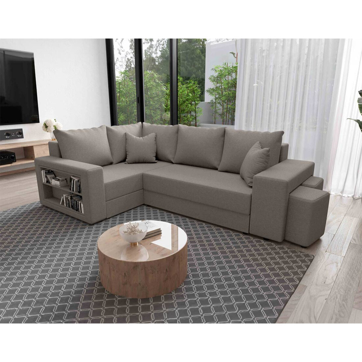 Libbie - Canapé d'angle gauche 4 places convertible avec coffre, étagère et poufs en tissu - Gris