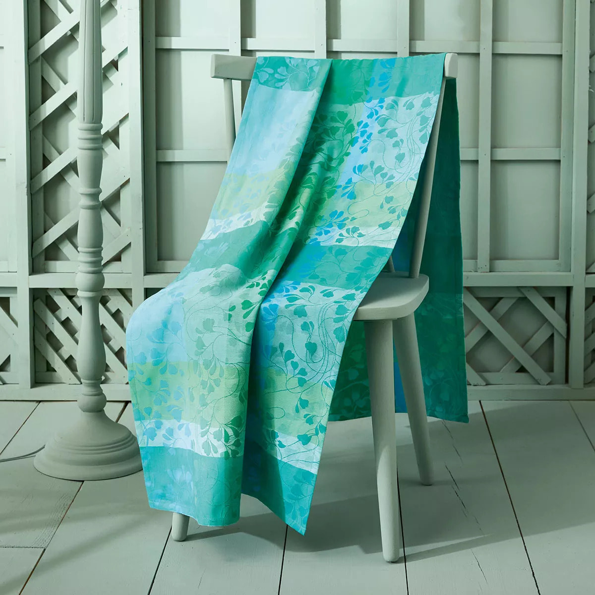 Nappe pur coton motif jacquard bleu vert Mille feuillages turquoise