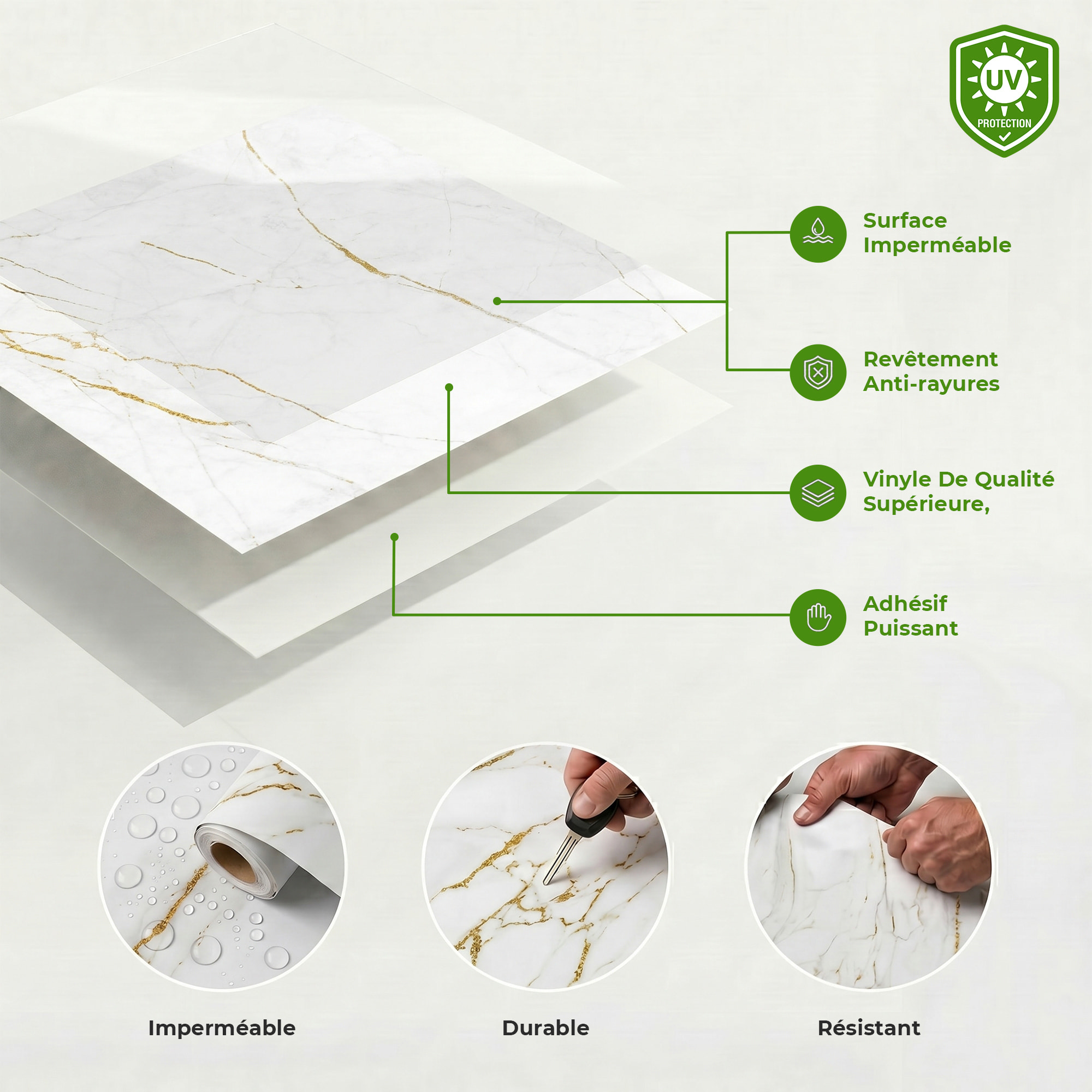 Sticker Sol avec laminat de Protection en Plastique Anti-dérapant | Stickers adhésif Sol - SOL MARBRE BLANC ET DORURES - 1 sticker