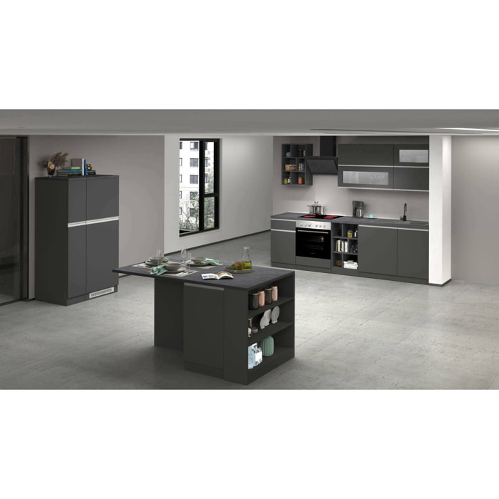 Cucina completa Arlo, Set con dispensa, Mobile per cucinotto, Kit blocco con isola e portafrigo, 100% Made in Italy, Antracite e Ardesia
