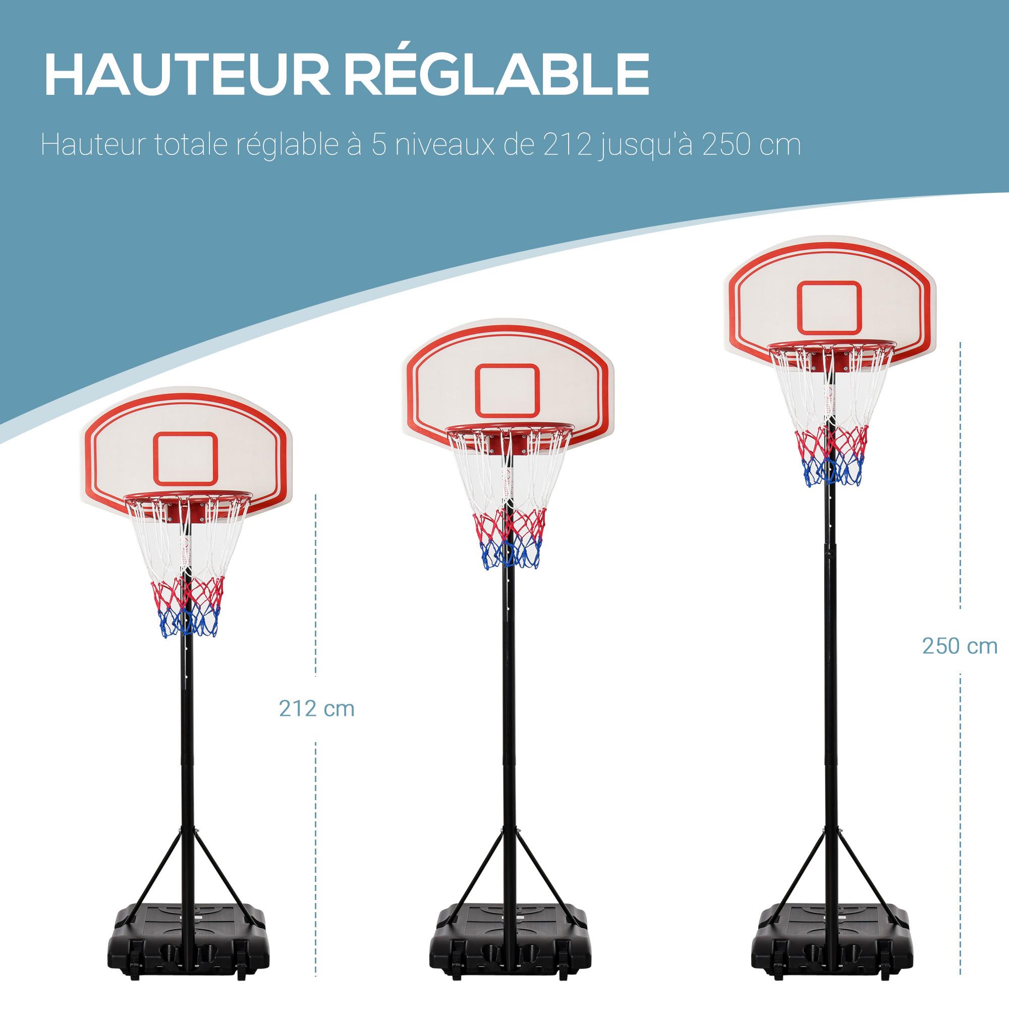 Panier de Basket-Ball sur pied avec poteau panneau, base de lestage sur roulettes hauteur réglable 2,1 - 2,5 m noir blanc